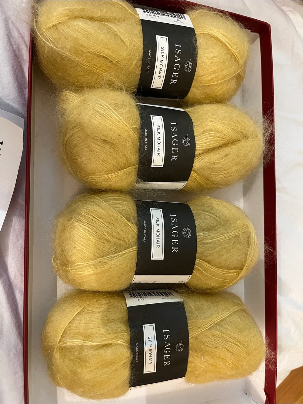 Sage Silk Mohair Yarn in 4 Bright Yellow skeins. Made in Italy.